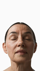 Obraz premium Elderly woman with closed eyes showing natural skin texture. Concept of dermatology, skin health, medical skincare and visual micro texture analysis.