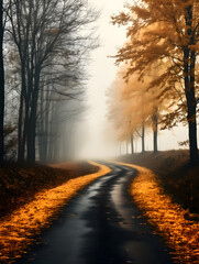 Beautiful foggy morning in the forest in autumn season, natural tranquil background 