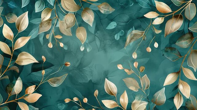 A painting of golden leaves against a teal background, perfect for designs and projects that require a touch of elegance and sophistication
