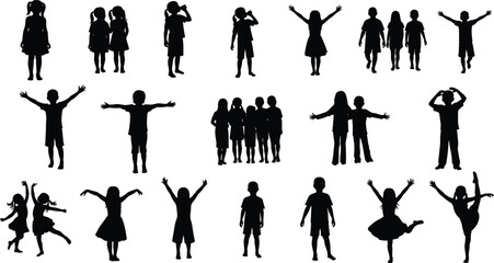 Children, silhouettes, playing, dancing, standing, group, poses, activity, movement, black, outline, vector, illustration, isolated, design