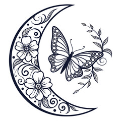 Elegant crescent moon with intricate floral designs and a delicate butterfly silhouette a celestial and natural harmony illustration