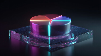 Neon data visualization pie chart with glowing segments on glass pedestal