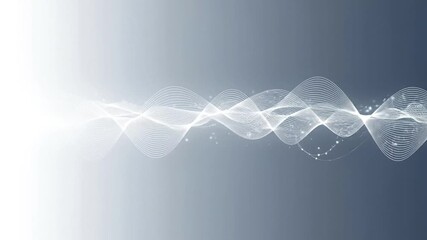 Elegant digital wave of glowing particles and flowing lines on a modern grey gradient background, representing data, sound, and energy. - Powered by Adobe