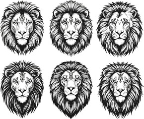 Lion head tattoo design, black and white lion illustration, tribal lion face art, roaring lion drawing, majestic animal ink sketch