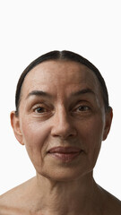 Portrait of elderly woman front view with natural skin detail. Concept of real beauty, diversity, skincare brands for age over 40, authenticity and dermatological analysis.