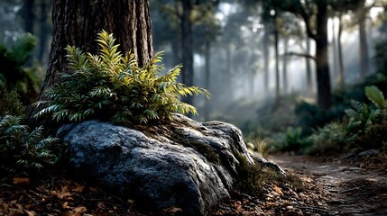 Fototapeta premium A sunlit glade in a dense forest, shafts of golden light catching new green leaves.