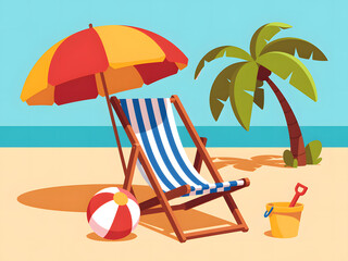 Obraz premium A Relaxing Beach Scene with a Deck Chair, Umbrella, Palm Tree and Toys, Perfect for a Summer Vacation
