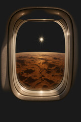 Obraz premium View of Mars from spaceship window, outer space scene, airplane window, futuristic travel