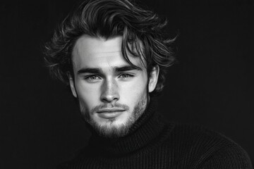 Fototapeta premium An attractive young man in a black and white portrait, with dark hair and a simple background, showcasing his clear facial features, highlighting his charming eyes and subtle smile.