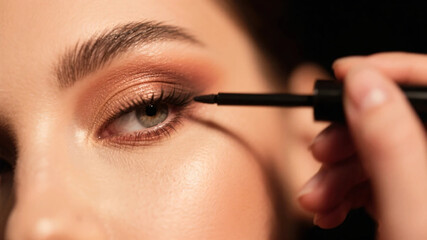 Close-up of applying eyeliner. Makeup. Getting ready. Cosmetics. Woman. Beautiful. Makeup in progress.