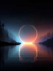 Serene sunset reflection scenery view Enchanting Sunset Reflection Over Calm Lake with Dark Foreground showcasing artistic creativity, unique abstract details, elegant atmosphere, ideal for digital