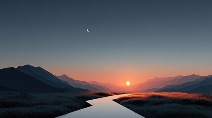 Serene sunset reflection scenery view Scenic Sunset Over Mountains With Serene River Pathway featuring vibrant tones, modern creative composition, inspirational feeling, designed for advertising