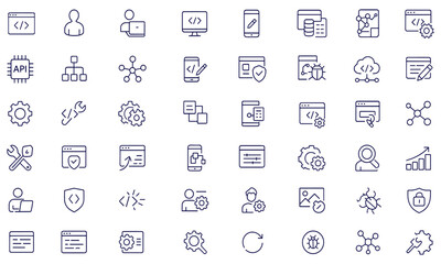 Web development icon set, line style coding icons for mobile apps, programmer, developer, software, code, bug fix, API, flow, network, app design, system, digital, browser, interface, cyber