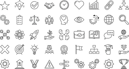 Business and education icons, communication visuals, technology and teamwork symbols, black and white line style, strategy and idea elements, UI design set