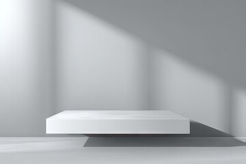 Minimalist white podium for product display with geometric light shadows.