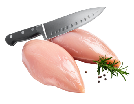Raw chicken breast with sharp kitchen knife resting on top, ready for slicing or cook