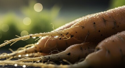 Freshly Harvested Carrots with Sparkling Water Droplets in Golden Hour Light, Macro Close-up with Bokeh Background