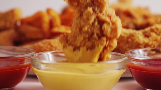 Close up shot of hand dipping strips of breast into mustard. Tasty set of french fries, chicken wings, nuggets and onion rings. Fast food concept. High quality 4k footage