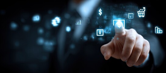 Futuristic business hand touching digital interface with financial icons.