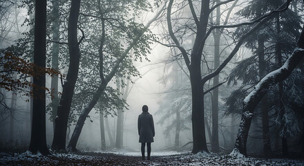 Rear view of a solitary person in a dark coat and red hood standing still in a cold foggy winter landscape.