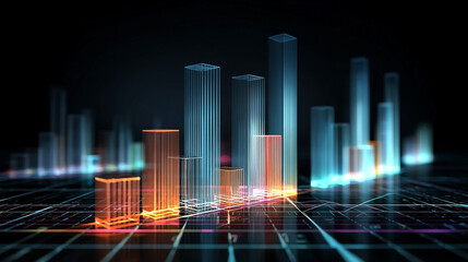 Futuristic data visualization with glowing bars on a dark grid background