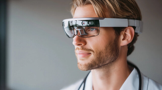 Medical Professional in AR Headset: A focused professional donning advanced augmented reality (AR) headset, highlighting the merging of technology and healthcare.
