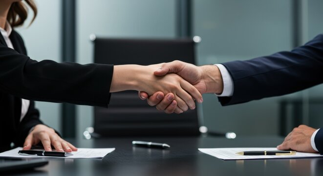 Primer plano de un apret&oacute;n de manos entre un hombre y una mujer de negocios. Trato beneficioso. Asociaci&oacute;n empresarial. Fusi&oacute;n de corporaciones