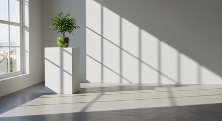 Fototapeta premium Green Potted Plant on White Pedestal in Minimalist Sunlit Room