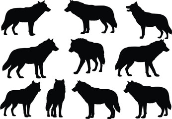 Wolf silhouette vector set, wild animal clipart, black forest predator design, wildlife graphic, standing howling walking wolf illustrations collection