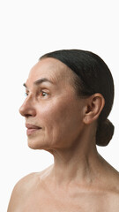 Elderly woman face close-up with neutral calm expression. Concept of dermatology, skin health, natural aging, cosmetic care, and real beauty representation.