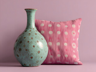 Turquoise speckled vase and pink polka dot pillow on pink background