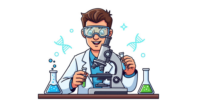 Smiling Cartoon Scientist in Lab Coat and Goggles with Microscope and Flasks.
