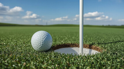 Obraz premium A close-up shot of a golf ball positioned near the hole, surrounded by vibrant green grass against a backdrop of a bright sky. The scene conveys the sport and precision involved in golf.