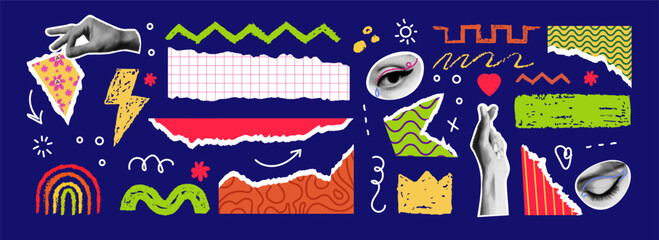 Torn paper collage. Geometric pencil sketch, different shape. Retro halftone dots texture. Cutout elements. Modern sticker graphic. Design paint. Hand hold abstract fragments. Vector tidy grunge