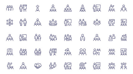 Business workshop line style icons set for web and mobile apps, teamwork, training, leadership, coaching, collaboration, management, seminar, conference, motivation, professional development
