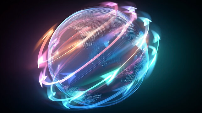 Futuristic earth globe with digital texture and colorful glowing arrows - Powered by Adobe