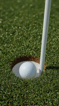 A golf ball just about to be holed in the hole on a green course with a flagpost