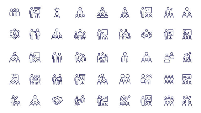 Business workshop line style icons set for web and mobile apps, teamwork, training, leadership, coaching, collaboration, management, seminar, conference, motivation, professional development