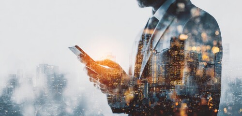 Businessman using smartphone with city skyline double exposure at night.