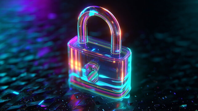 Vibrant digital lock illuminating security in a neon-lit, futuristic world