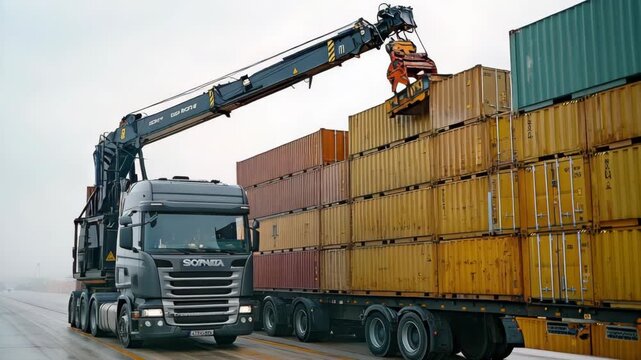 selective focus container being loaded onto truck with crane