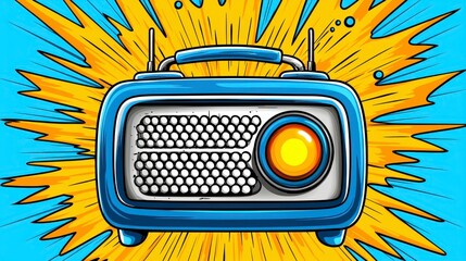 Retro Blue Pixel Art Radio with Glowing Yellow Speaker and Bright Rays