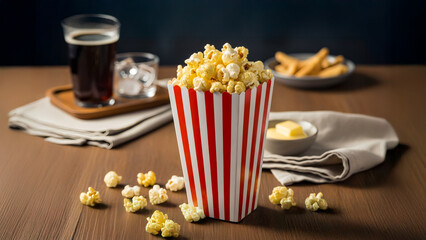 A classic red and white striped popcorn box overflowing with fluffy, buttered popcorn, perfect for a movie night or a casual snack