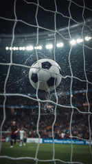 Naklejka premium A soccer ball in the goal net with water splash, a triumphant moment of goal