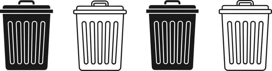 Trash, can, icons, waste, bin, garbage, container, rubbish, disposal, recycle, symbol, vector, illustration, black, outline, design, element, dustbin,