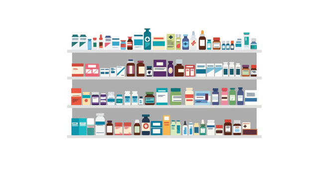 Pharmacy shelves filled with colorful medicine bottles boxes and various healthcare products.