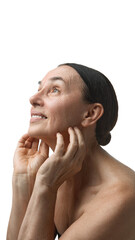 Obraz premium Mature woman in side portrait with neutral face expression. Concept of dermatology study, skincare testing, health magazines, natural beauty and cosmetic culture.