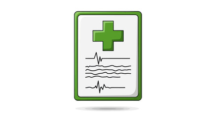 Obraz premium Medical Record Document Icon with Green Cross and ECG Lines.