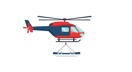 Red and Blue Helicopter with Cargo Sling Ready for Flight.