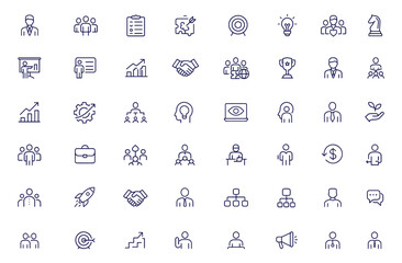 Fototapeta premium Business icon set, line style vector illustration for web and mobile app, management, teamwork, strategy, planning, marketing, leadership, organization, company, growth, success, career, office
